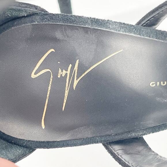 Giuseppe Zanotti Coline Black Suede Gold Leaf Crystal Heel Sandals size IT 37.5 - Picture 12 of 13